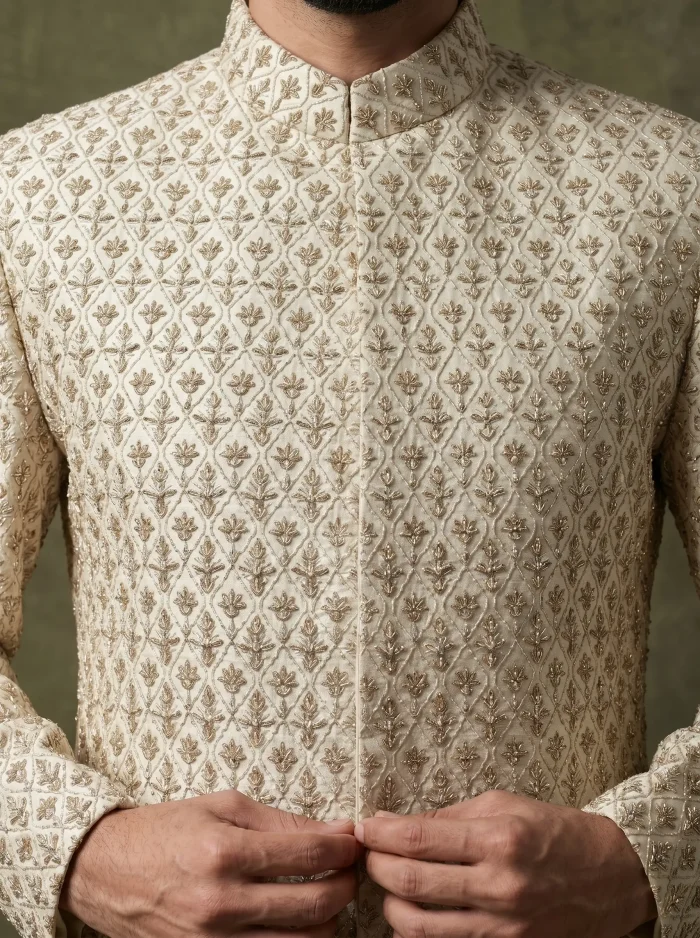 Luxury Off-White Digital Thread Embroidered Handmade Sherwani - Image 3