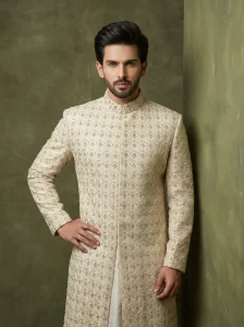 Ivory Embroidered Sherwani for Men with Intricate All-Over Embroidery