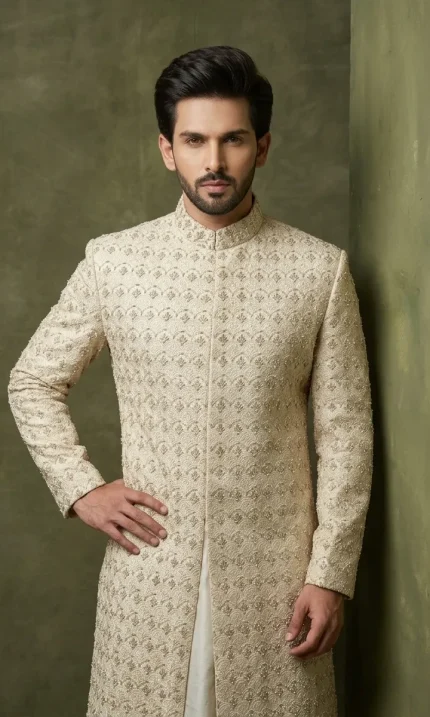 Ivory Embroidered Sherwani for Men with Intricate All-Over Embroidery