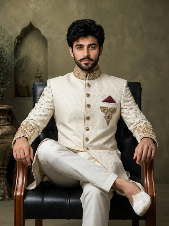 Skinish Grey Jamawar Sherwani Premium Handmade Embroidery - Image 3