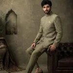Mehndi green Prince Coat with premium digital thread embroidery for wedding and festive wear.