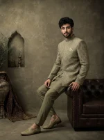 Mehndi green Prince Coat with premium digital thread embroidery for wedding and festive wear.