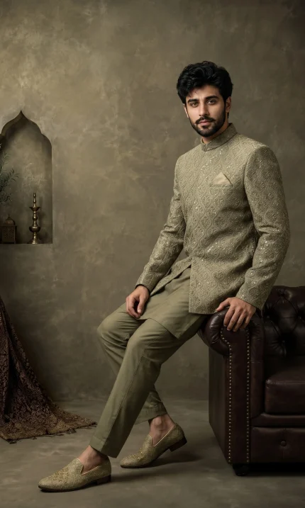 Mehndi green Prince Coat with premium digital thread embroidery for wedding and festive wear.