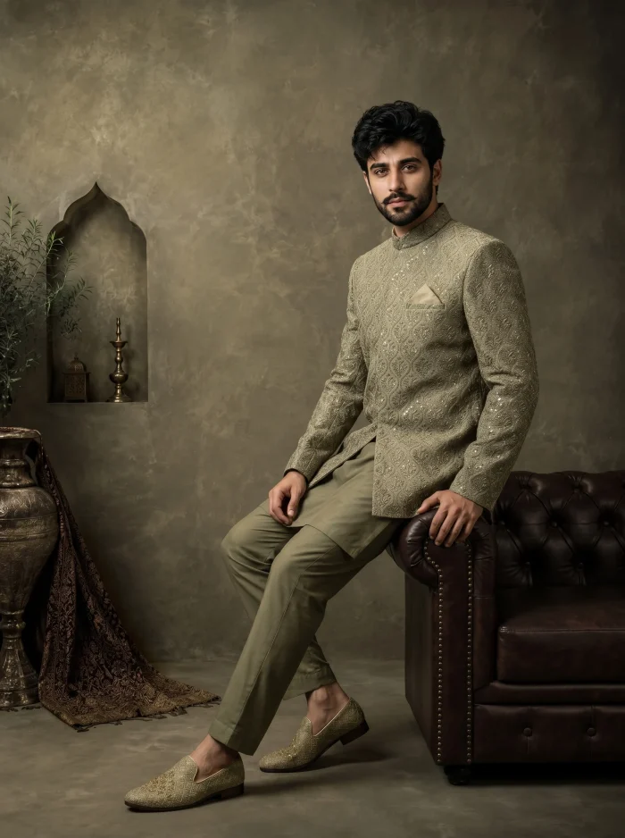 Mehndi green Prince Coat with premium digital thread embroidery for wedding and festive wear.