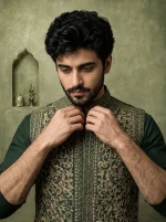 Bottle Green Silk Waistcoat Premium Tila Work Embroidery - Image 3