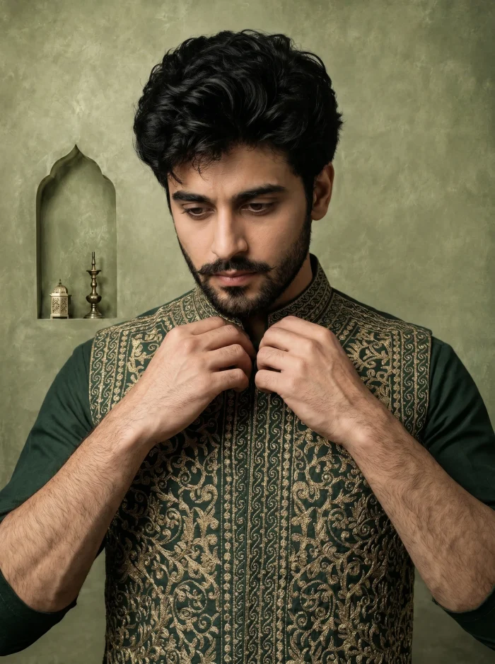 Bottle Green Silk Waistcoat Premium Tila Work Embroidery - Image 3