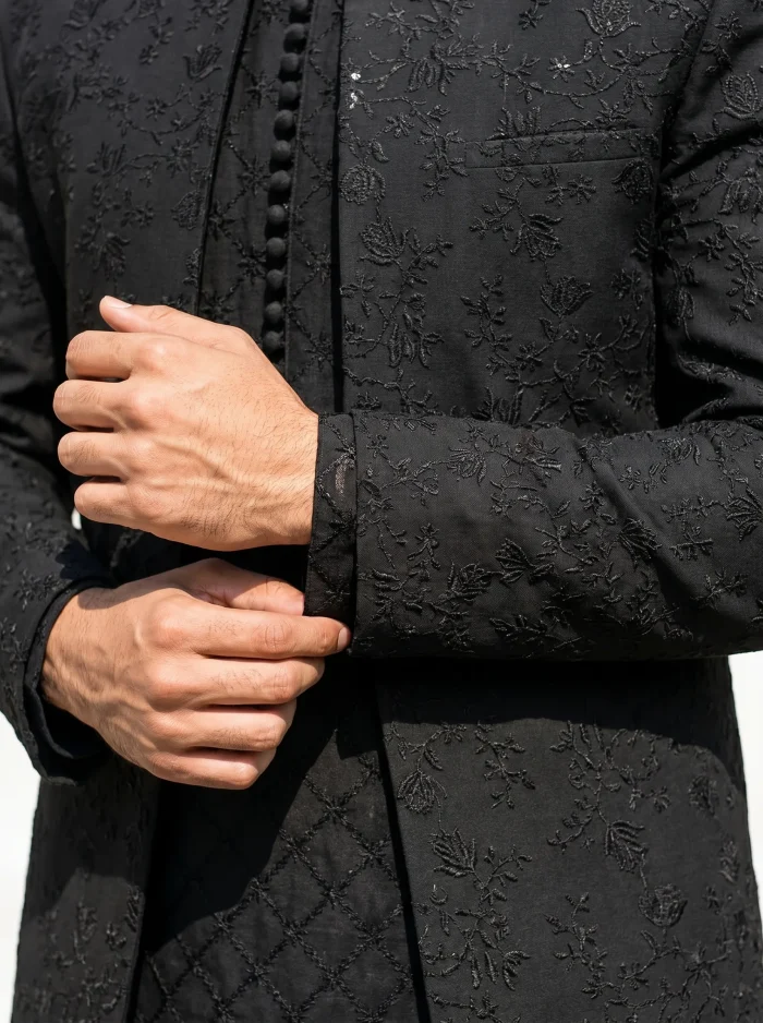 Black Prince Coat Premium Digital Thread Embroidery Designer Wear - Image 2