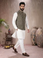 Green Jamawar Waistcoat Exclusive Handmade Embroidery Self-Print Design 2026 - Image 4
