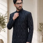 Black sherwani with handmade digital thread embroidery for wedding and groom wear