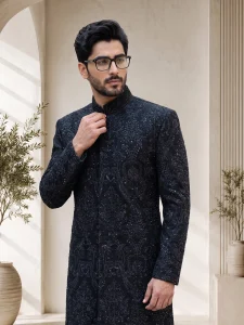 Black sherwani with handmade digital thread embroidery for wedding and groom wear