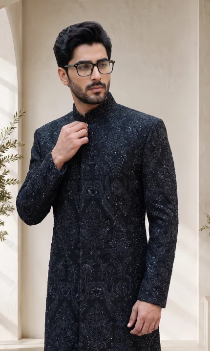 Black sherwani with handmade digital thread embroidery for wedding and groom wear