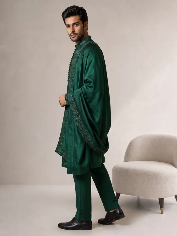 Male model wearing a luxury emerald green embroidered kurta pajama with a matching embellished shawl for weddings and festive occasions.