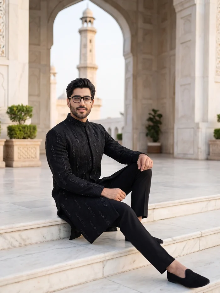 Luxury Black Handmade Sherwani with Digital Thread Embroidery - Image 4