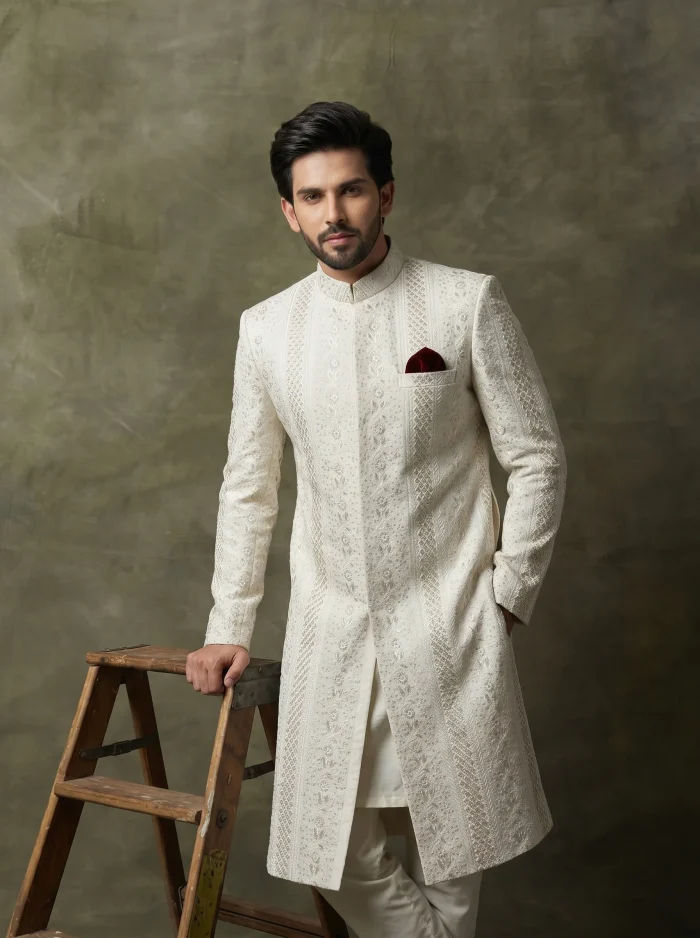 Luxury Off White Sherwani with Digital Thread Embroidery Latest Groom Style - Image 2