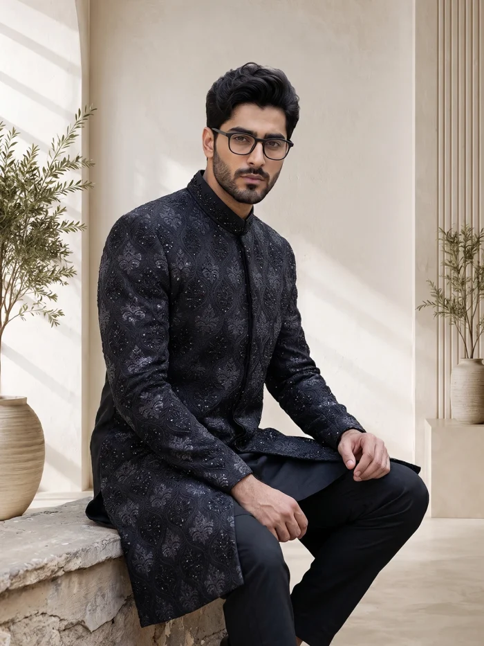 Luxury Black Sherwani with Handmade Digital Thread Embroidery - Image 4