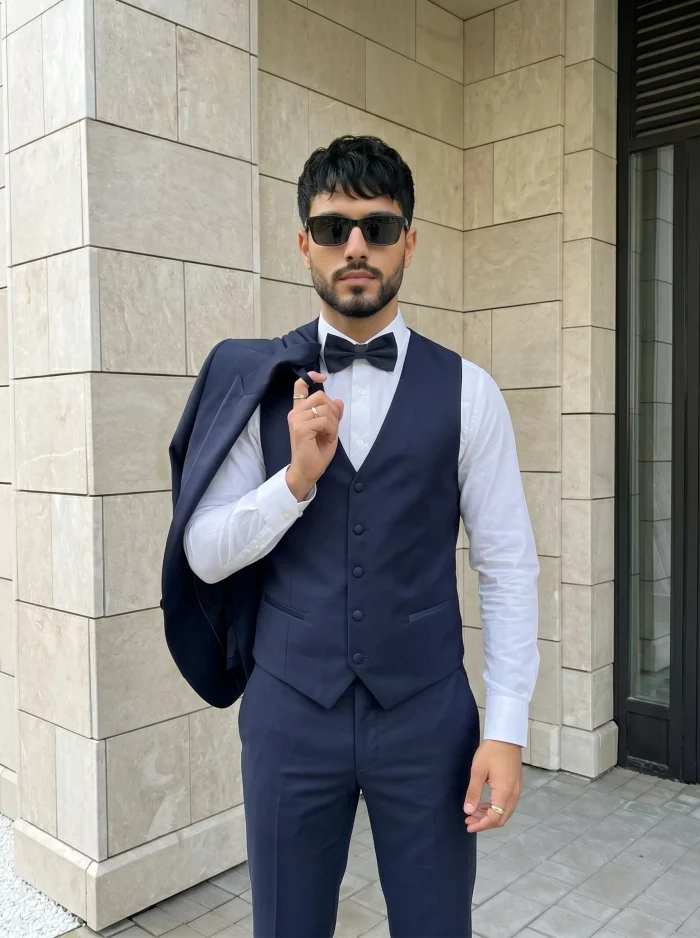 Navy Blue Designer Suit Three Piece Single Breast Peak Lapel Tropical Fabric