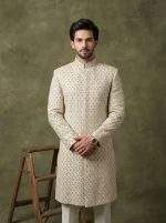 Luxury Off-White Digital Thread Embroidered Handmade Sherwani - Image 4