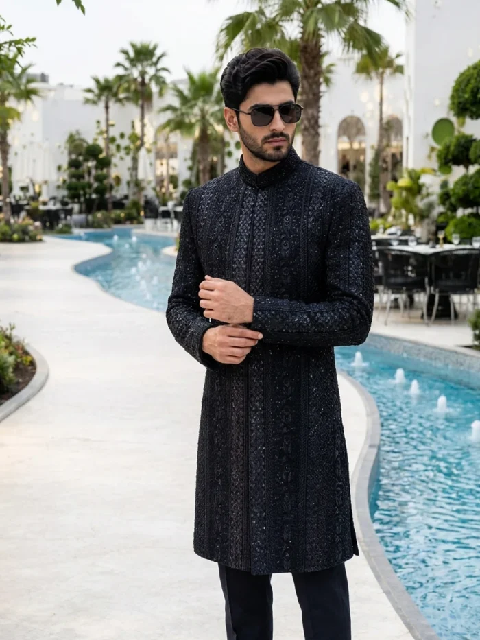 Black Sherwani Stunning Handmade Digital Thread Embroidery for Men - Image 4
