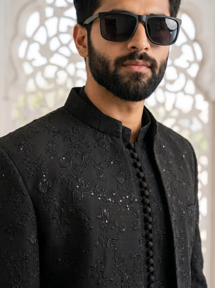 Black Prince Coat Premium Digital Thread Embroidery Designer Wear - Image 4
