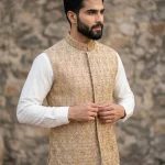 Yellow Jamawar Waistcoat with Handmade Embroidery and Self Print Fabric