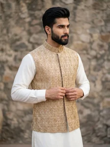 Yellow Jamawar Waistcoat with Handmade Embroidery and Self Print Fabric