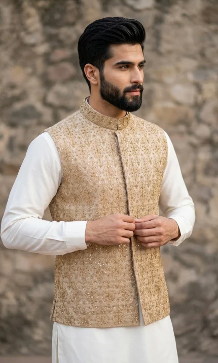 Yellow Jamawar Waistcoat with Handmade Embroidery and Self Print Fabric
