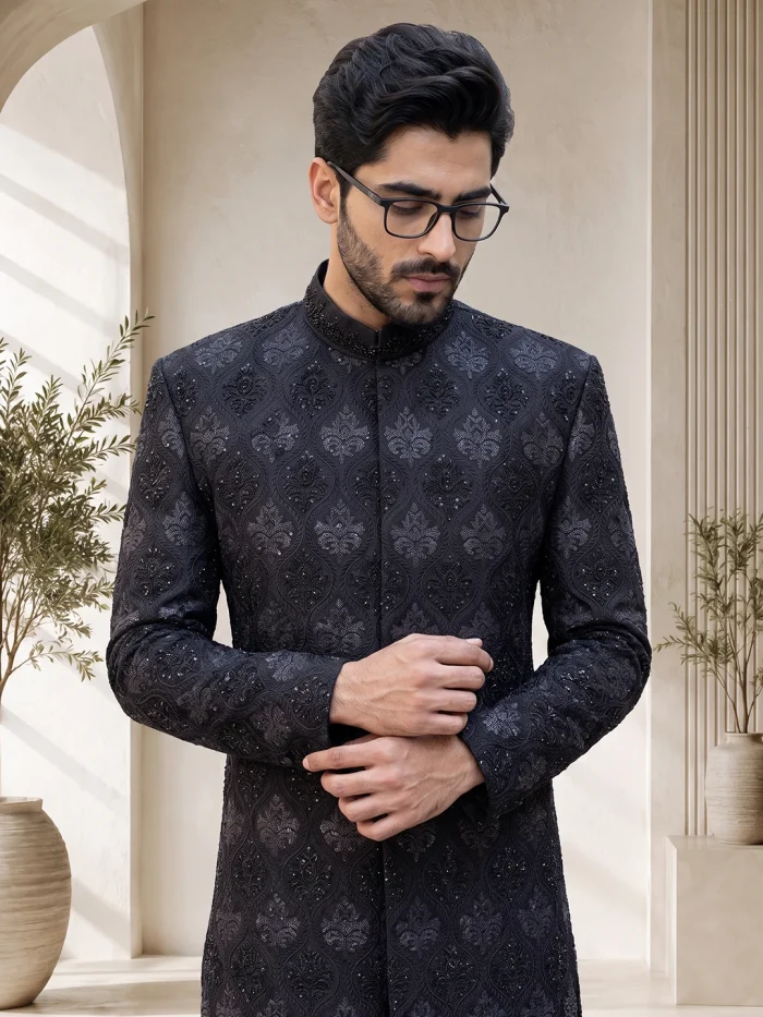Luxury Black Sherwani with Handmade Digital Thread Embroidery - Image 5