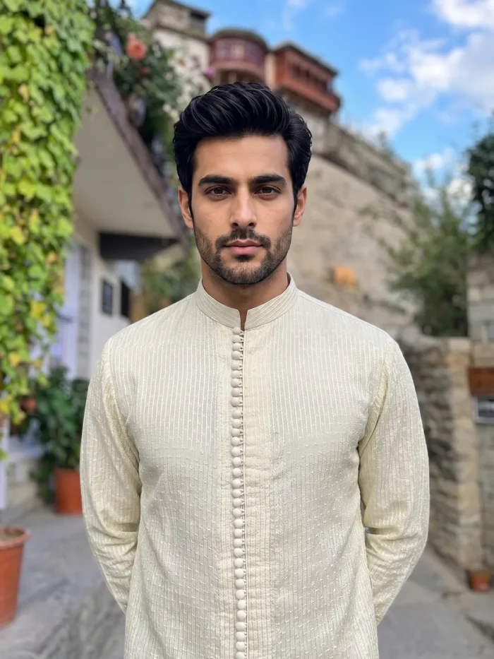 Luxury Ivory Embroidered Kurta Pajama Timeless Eastern Elegance (KP-22) - Image 4