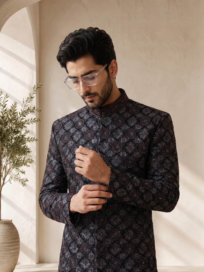 Black Sherwani Stunning Digital Thread Handmade Embroidery - Image 5