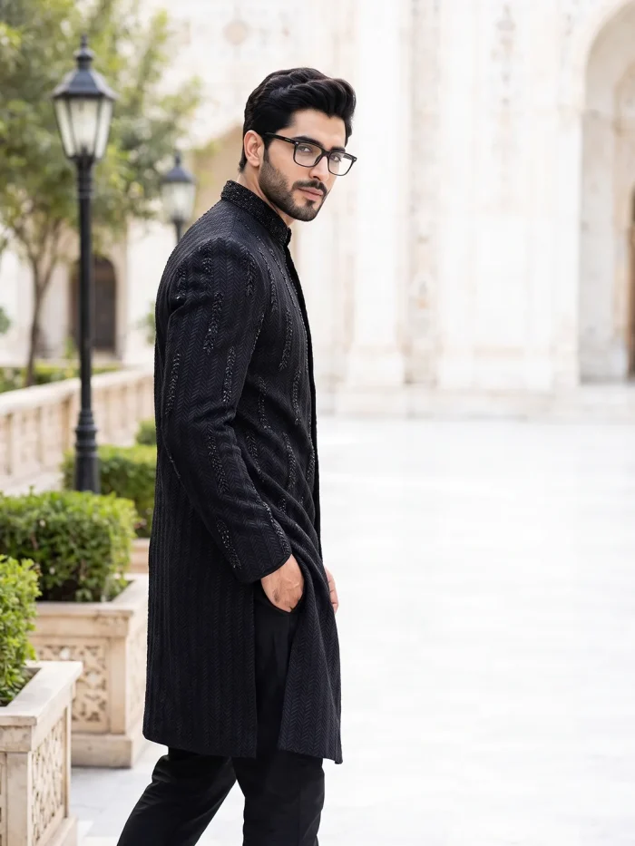 Luxury Black Handmade Sherwani with Digital Thread Embroidery - Image 5