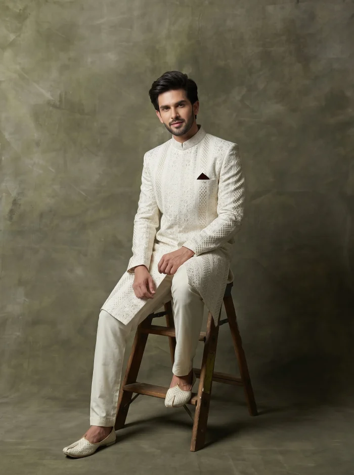 Luxury Off White Sherwani with Digital Thread Embroidery Latest Groom Style - Image 3