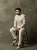 Luxury Off-White Digital Thread Embroidered Handmade Sherwani - Image 5