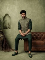 Bottle Green Silk Waistcoat Premium Tila Work Embroidery - Image 4