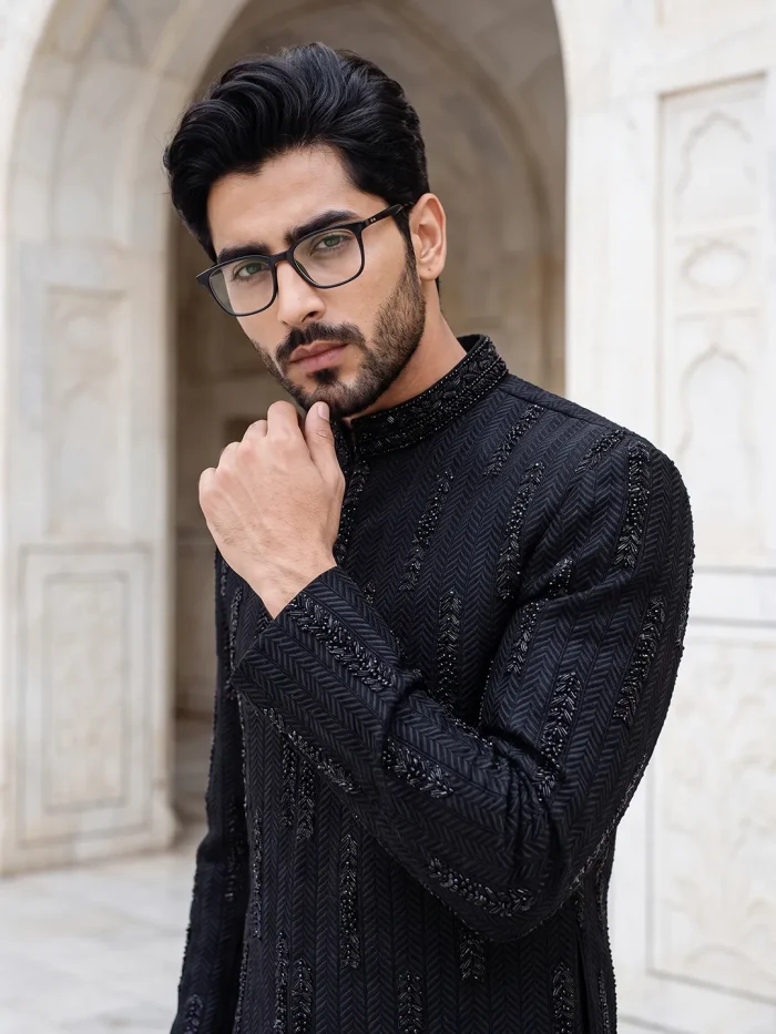 Luxury Black Handmade Sherwani with Digital Thread Embroidery - Image 6