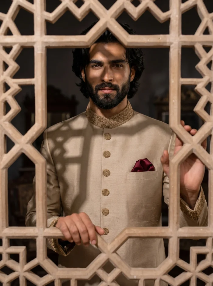 Champagne Gold Sherwani Luxury Silk Handmade Embroidery - Image 4