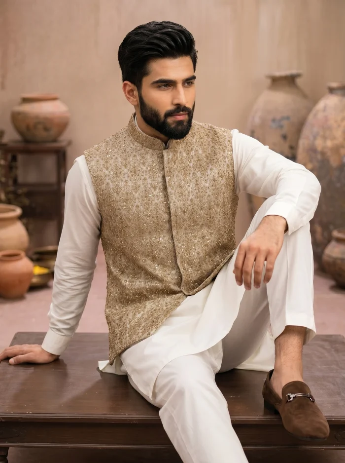 Premium Yellow Jamawar Waistcoat Handmade Embroidery Self Print Design - Image 2