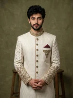 Skinish Grey Jamawar Sherwani Premium Handmade Embroidery - Image 5