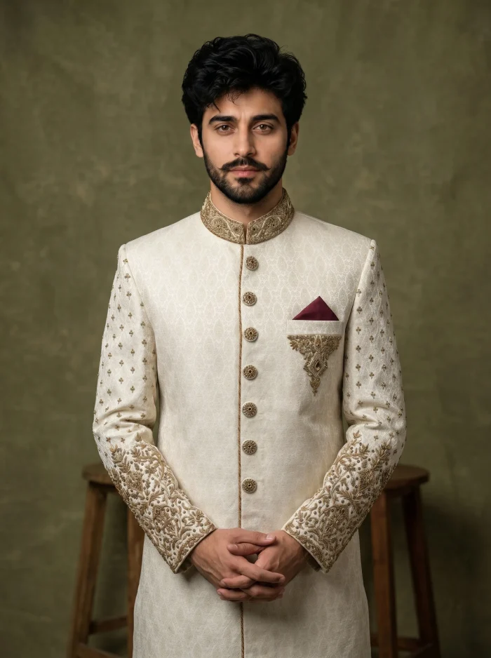 Skinish Grey Jamawar Sherwani Premium Handmade Embroidery - Image 5