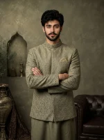 Premium Mehndi Green Prince Coat with Digital Thread Embroidery - Image 3