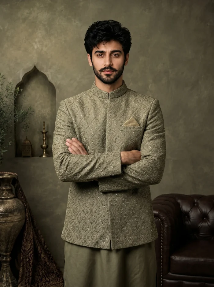 Premium Mehndi Green Prince Coat with Digital Thread Embroidery - Image 3