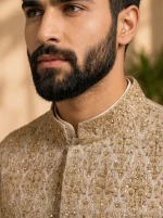 Premium Yellow Jamawar Waistcoat Handmade Embroidery Self Print Design - Image 3