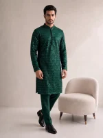 Embroidered Kurta Pajama  Luxury Emerald Green Wedding Wear(KP-23) - Image 7