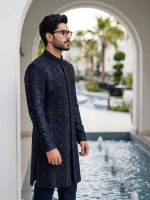 Black Sherwani Stunning Handmade Digital Thread Embroidery for Men - Image 3