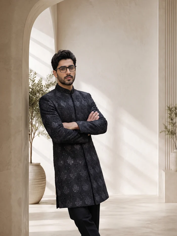 Luxury Black Sherwani with Handmade Digital Thread Embroidery - Image 6