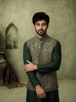 Bottle Green Silk Waistcoat Premium Tila Work Embroidery - Image 5
