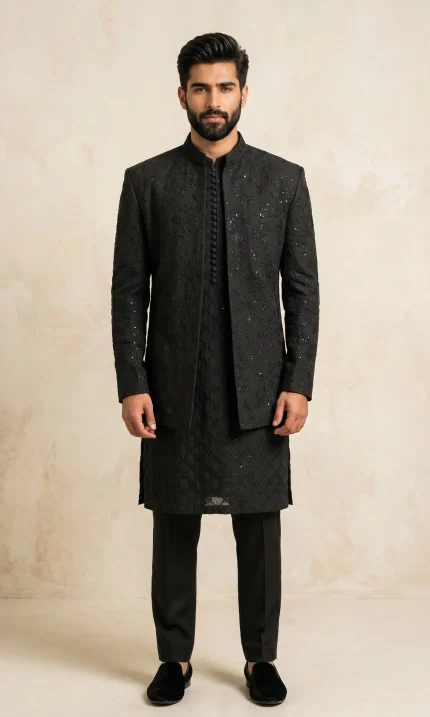 Make a sophisticated statement with this Black Prince Coat, designed for men who prefer modern elegance with a traditional touch.