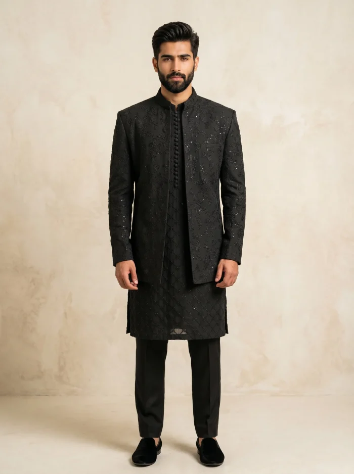 Make a sophisticated statement with this Black Prince Coat, designed for men who prefer modern elegance with a traditional touch.