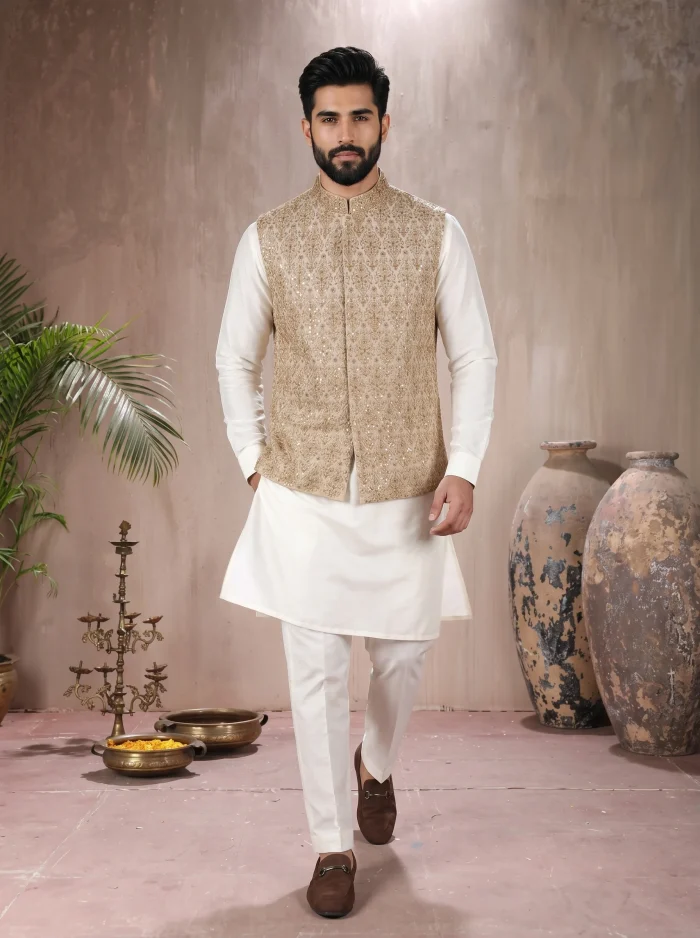 Premium Yellow Jamawar Waistcoat Handmade Embroidery Self Print Design - Image 4