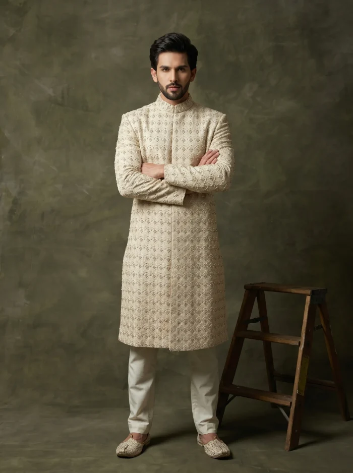 Ivory Embroidered Sherwani for Men Luxury Wedding Groom Wear - Image 4