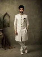 Skinish Grey Jamawar Sherwani Premium Handmade Embroidery - Image 4
